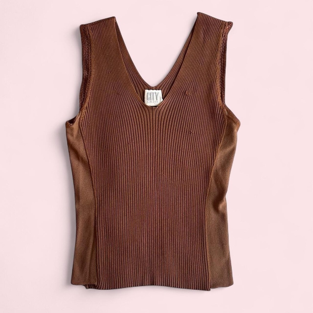 Vintage Y2K City DKNY Brown Ribbed Knit Tank Top size S